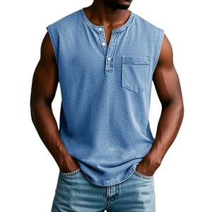 Camisetas sin mangas retro con cuello en V y botones para hombre, personalizadas OEM, con efecto desgastado, sin mangas, para gimnasio y entrenamiento, con bolsillos en el pecho - Product Image 3