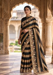 Sari en soie Banarasi brodé, tenue de mariage indienne, ensemble de robe de fête rayée pour femmes - Product Image 2