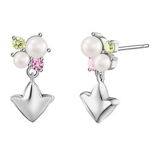Boucles d'oreilles pendantes en perles blanches argentées avec accents de cristal vert et rose, motif feuille de lierre, design élégant pour femmes - Product Image 1