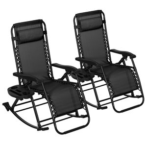 2 Pcs Black Outdoor Folding <b>Zero</b> <b>Gravity</b> Rocking <b>Chair</b> with Pillow Cup and Phone Holder for Fishing - Product Image 1