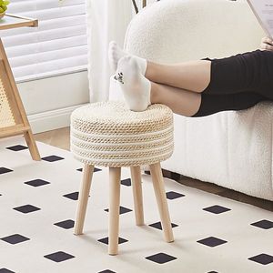 Natural Seagrass Ottoman Footstool with Solid Wood Legs Handwoven Hyacinth Footrest Step Stool - Product Image 3