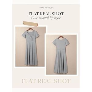 Robe midi d'été grise XL, col en V, ourlet à volants, fluide, taille haute, pour soirée formelle ou invitée de mariage - Product Image 4