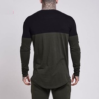 Kaos Lengan Panjang Muscle Fit Warna Blok Campuran Katun dengan Ujung Melengkung untuk Olahraga Gym, Logo Custom untuk Pria, Grosir Kualitas OEM