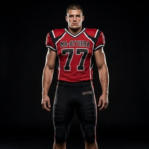 Pantalon de football rembourré personnalisé rouge et noir, uniforme OEM ODM, vêtements de sport en gros, uniforme d'équipe numéro 77 - Product Image 1