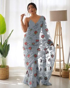 ผ้าซารีตาข่ายลายผีเสื้อสุดหรู – งานปักดิ้นหลากสีพร้อมประดับด้วยหิน - Product Image 3
