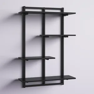 Étagère murale flottante géométrique moderne en métal noir et bois pour salon, chambre et bureau (vente en gros) - Product Image 1