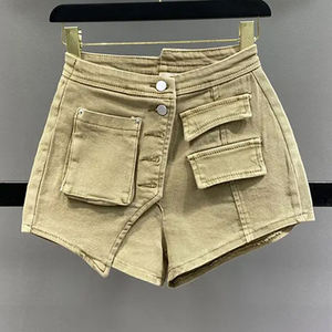 High Waist <b>Cargo</b> <b>Shorts</b> <b>Women</b> Solid Color Denim Button Fly Casual Style Breathable Loose Fit Woven Washed - Product Image 1