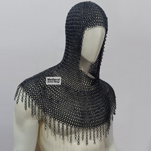 Coif de chevalier médiéval noir en maille de fer doux avec draperie d'épaule pour reconstitution historique, Halloween et fêtes de Noël - Product Image 2