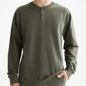 <b>Men's</b> Long Sleeve <b>Henley</b> T-<b>Shirt</b> 100% Cotton Regular Fit Button Up Collar Solid Color Casual Wear Autumn Knitted Fabric - Product Image 4