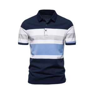 Men's Short Sleeve Striped Knitted <b>Polo</b> Shirt Regular Fit Casual Navy Blue <b>White</b> Light Blue Color Blocked Design - Product Image 1