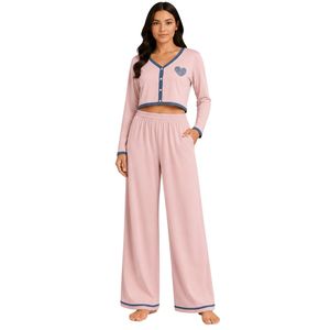 Ensemble pyjama court à manches longues pour femme, rose et bleu, avec broderie cœur, en coton doux tricoté, pantalon large, personnalisable OEM - Product Image 1