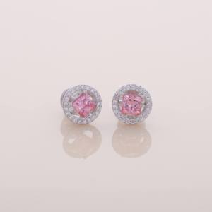 Pendientes de Moissanita Rosa Premium, Diseño de Halo Redondo, Chapados en Oro Blanco, Joyería Fina, Regalo de Boda - Product Image 1