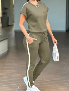 Fashion Summer Solid Daily Wear 2-Piece Woven Casual Commuter Short Sleeve Trousers Set - Product Image 3