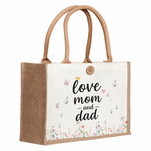 Bolsa de mano de yute y lona con estampado de mariposas y flores, tamaño grande, cierre de botón, para llevar a la mano, ideal para compras, con la inscripción 'Love Mom And Dad'. - Product Image 1