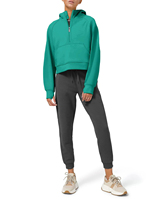 Sweat-shirts à capuche en polaire unie pour femmes, col pull, demi-fermeture éclair, manches longues, coupe courte, avec trou pour le pouce