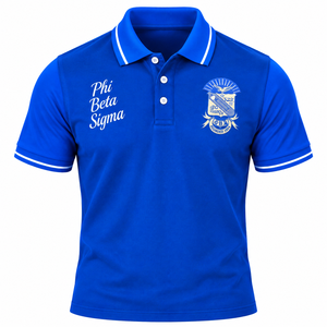 เสื้อโปโลชายสีน้ำเงินรอยัล แบรนด์ Phi Beta Sigma ปักลายตราสัญลักษณ์ แขนสั้น คอปกสีขาวลายทาง เสื้อโปโลลำลองสำหรับกิจกรรมสันทนาการ - Product Image 3