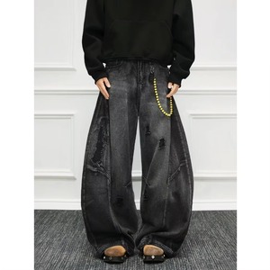 Pantalon long en jean vintage Rock Revival pour homme, noir et gris délavé, déchiré, coupe large, ample, fluide, style urbain tendance, jambe droite - Product Image 2