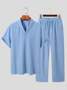 Conjunto de Camisa y Pantalones de Manga Corta para Hombre, Color Sólido, Ligero, Informal, Traje de Dos Piezas para Verano - Product Image 1
