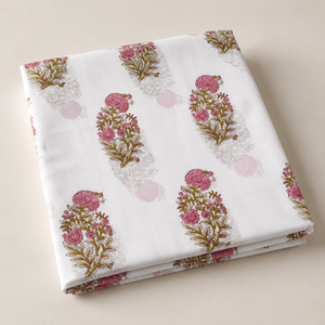 Sky Blue Pink Floral Hand Block Printed Cotton Fabric <b>Set</b> With Botanical Motif Stripe Design For Dress Kurta <b>Sewing</b> Home Textile - Product Image 3
