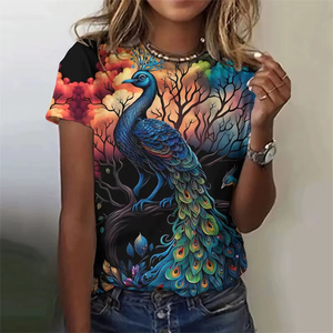 Camiseta de moda para mujer con estampado gráfico 3D de pavo real, camisetas de verano de manga corta, camisetas holgadas transpirables de poliéster con cuello redondo - Product Image 1