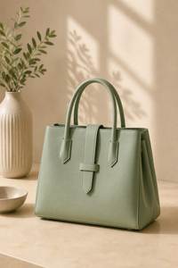 Sac à main trapèze en cuir véritable vert sauge pour femme, grande capacité, avec poignée supérieure - Product Image 1