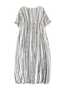 Plus Size Summer Pleated <b>Vintage</b> Floral <b>Dress</b> Casual Pullover Ladies <b>Women's</b> Cotton Striped Print <b>Dresses</b> <b>Woman</b> Loose Long <b>Dress</b> - Product Image 2