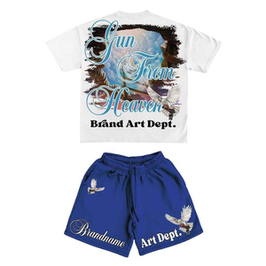ชุดเสื้อและกางเกงขาสั้นผ้าฝ้ายพรีเมียม 250 GSM ปี 2026 ขายส่ง พิมพ์ลายโลโก้ แผงตัดสีตัดกัน ชุดขาสั้นแบบฟอกสีตามสั่ง โลโก้สั่งทำได้ - Product Image 3