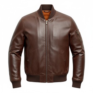 Blouson aviateur en cuir de vachette marron pour homme, style moto, fermeture éclair, coupe classique, couleur unie, col rabattu, vêtement d'automne, moto - Product Image 5
