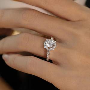 Anillo de Compromiso Vintage con Halo de Moissanita, Diseño Art Deco, Girasol, Oro Sólido, Marca RITZIN, Anillo Bonito para Mujer - Product Image 5