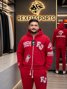 Men's <b>Red</b> Zip Up Hoodie Tracksuit Set Custom Streetwear Oversized Sweat <b>Suit</b> Rhinestone Graphic Jogger Pants Wholesale - Product Image 1