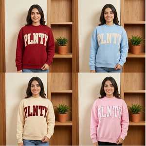 Sweat-shirt à col rond pour femme, couleur crème, avec impression de lettres rouges PLNTY, coupe classique, en coton tricoté, pour l'automne - Product Image 5