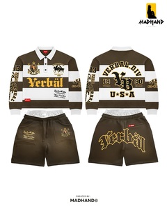 Custom Red & <b>White</b> Rugby Set | Striped Long Sleeve <b>Polo</b> Shirt & Shorts | OEM Preppy Streetwear Varsity Sportswear Manufacturer - Product Image 2