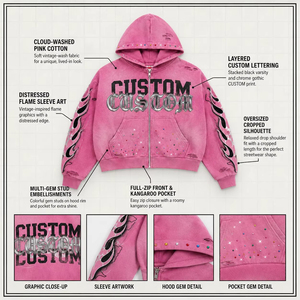 <b>Pink</b> Custom Printed Hooded Zip-Up <b>Sweatshirt</b> Oversized Streetwear Fleece Rhinestone Decorated Front Logo Regular Sleeve - Product Image 5