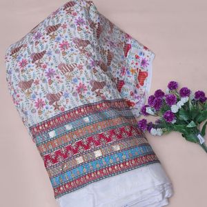 Tissu en crêpe floral brodé de sequins lourds couleur ivoire, 54 pouces, avec bordure Daman, pour Kurtis, tuniques, robes Anarkali, ensembles de costumes et Salwar - Product Image 1
