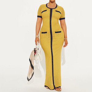 Suéter de Punto Ecológico con Botones Sólidos Vintage para Mujer, Vestido Maxi de Punto de Manga Corta Amarillo con Contraste Negro para Otoño - Product Image 1