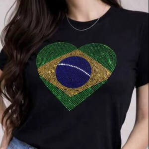 Brazil Flag Rhinestone Heart Black Cotton T Shirt For Women Short Sleeve <b>Round</b> Neck Summer Casual Fashion Handcrafted Tee Top - Product Image 1