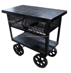 INDUSTRIAL & VINTAGE COMMERCIAL FURNITURE IRON METAL <b>TROLLY</b> TABLE WITH 2 DRAWERS & <b>WHEELS</b> - Product Image 1