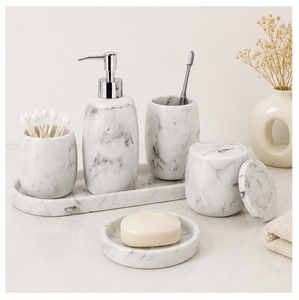 Ensemble d'accessoires de salle de bain de luxe en résine aspect marbre blanc, 6 pièces, décoration de salle de bain d'hôtel, y compris distributeur de savon, porte-brosse à dents - Product Image 4