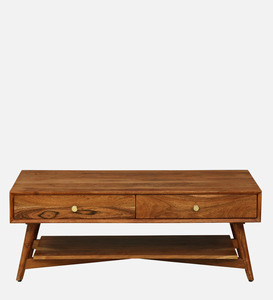 Table basse en bois de manguier de style moderne du milieu du siècle, avec deux tiroirs, de petits boutons en laiton et une étagère inférieure pratique. - Product Image 4