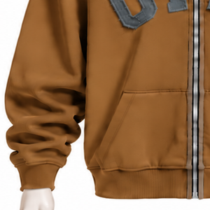 Sweat-shirt oversize en molleton épais pour homme, couleur camel, avec fermeture éclair, appliqué lettres en chenille, style streetwear, avec poches avant - Product Image 5