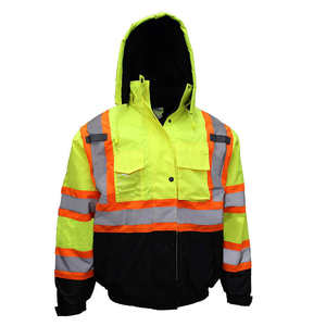 Chaqueta de seguridad fluorescente amarilla y negra con franjas reflectantes, diseño impermeable con capucha, tela resistente, múltiples bolsillos - Product Image 4