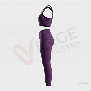 Conjunto de yoga de 2 piezas para mujer: top corto morado sin mangas con cuello en V y leggings de cintura alta - Product Image 3