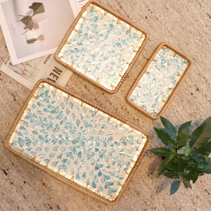 Hermosa Bandeja Rectangular de Ratán con Diseño de Conchas Marinas, Patrón de Mosaico de Hojas en Forma de Corazón Azul, Plato para Servir Té, Café y Comida, Venta al Por Mayor - Product Image 3