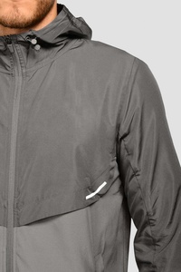 Survêtement imperméable à capuche pour homme, fermeture éclair intégrale, gris uni, polyester, coupe classique, poches latérales, idéal pour l'automne - Product Image 3