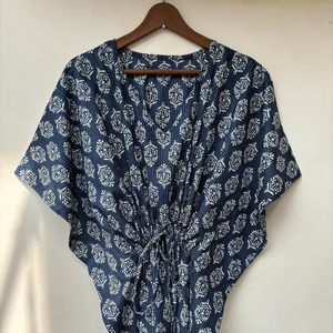 Nuevo Kaftán Naaz Textile con Estampado Animal, Cuello en V, Cordón Ajustable, Manga Corta, Corte Evase, Algodón Suave Indio, Encaje, Largo Completo, para Mujer - Product Image 1