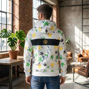 Sweat à capuche en molleton pour homme, imprimé 3D motif feuille, délavé à l'acide, blanc, vert, jaune, avec logo frontal et poche, coupe classique, hiver - Product Image 2