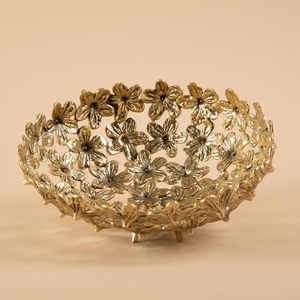 Gold Toned Brass Basket with Floral Design Handcrafted Metallic Centerpiece Bowl - Product Image 5