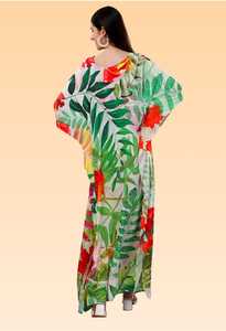 Robe Kaftan Courte pour Femme – Imprimé Paon Ethnique Jaune et Vert, Tunique Ample Festive - Product Image 4