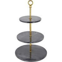 Support à gâteau rond à 3 niveaux en marbre noir avec tige en métal doré pour la présentation de desserts, mariages et événements, provenant d'Inde