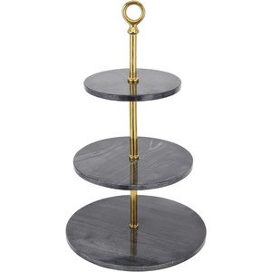 Soporte redondo de mármol negro de 3 niveles con varilla de metal dorada para exhibir postres, soporte para exhibir pasteles para bodas y eventos, de la India. - Product Image 1